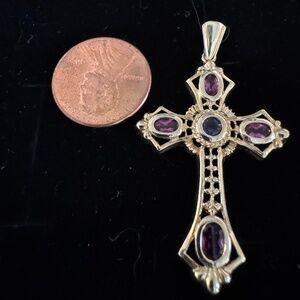 14k gold tourmaline and Iolite filigree cross
